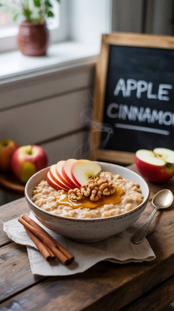 A warm bowl of oatmeal filled with tender apple chunks, cinnamon swirling through, and a drizzle of maple syrup on top.