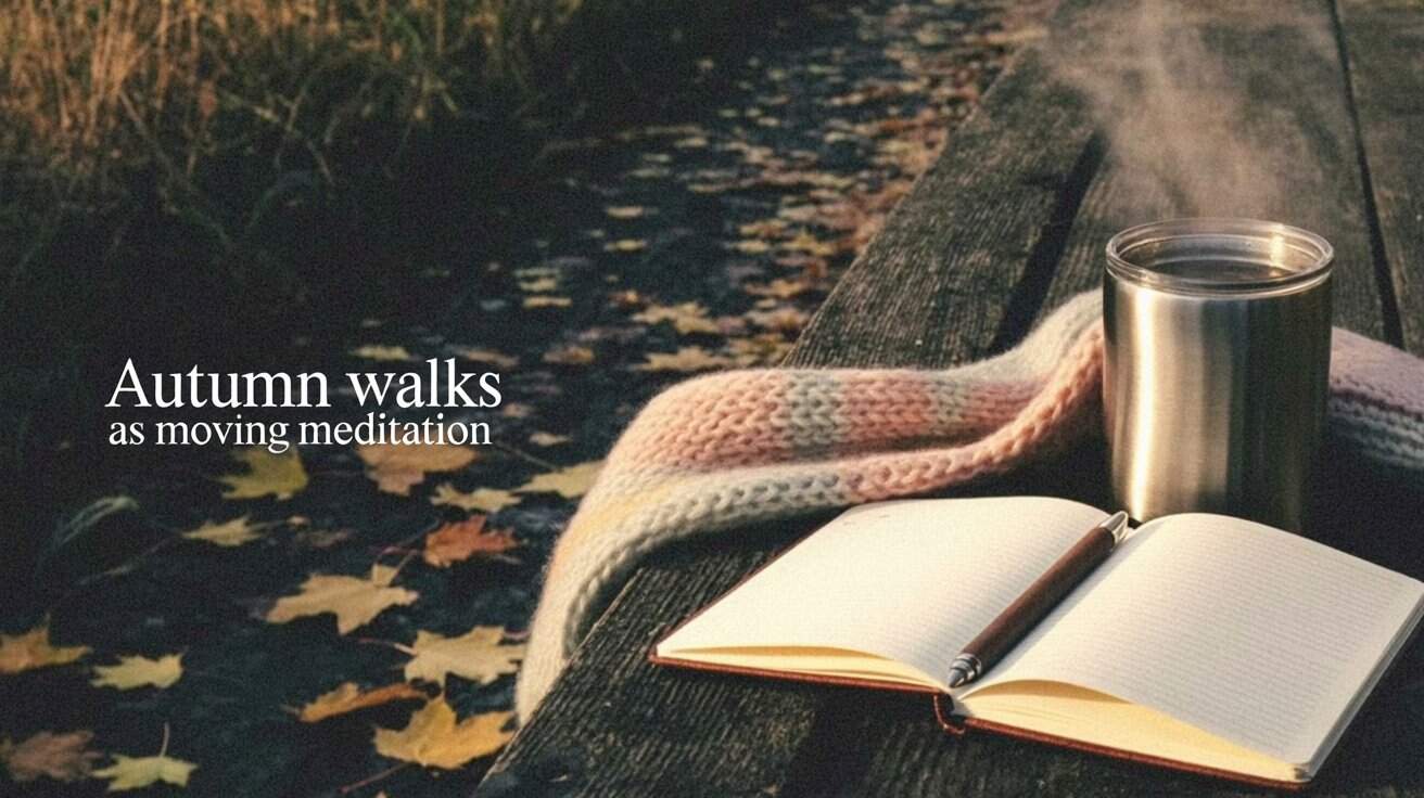 Steam rises from a mug on a bench beside an open notebook and scarf. Fallen leaves cover the ground, with the text "Autumn walks as moving meditation."