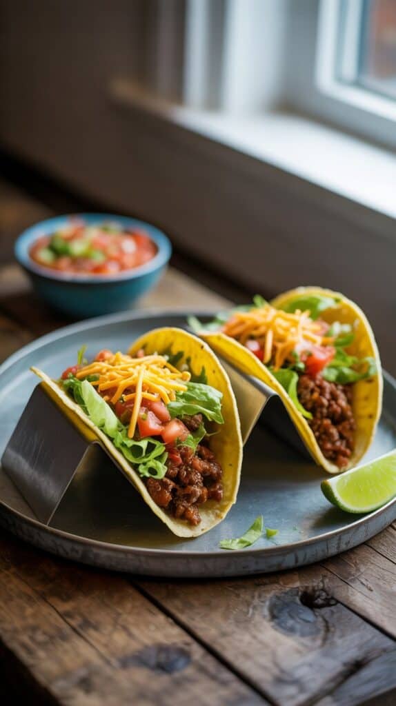 Slow Cooker Recipes: Warm tortillas loaded with juicy beef, bright salsa, shredded lettuce, and a dollop of sour cream.