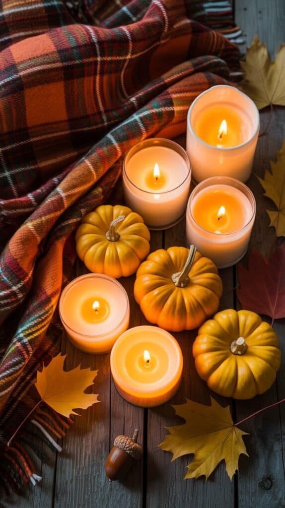 Candlelight dancing across pumpkin centers, casting warm shadows on plaid fabric and autumn leaves.