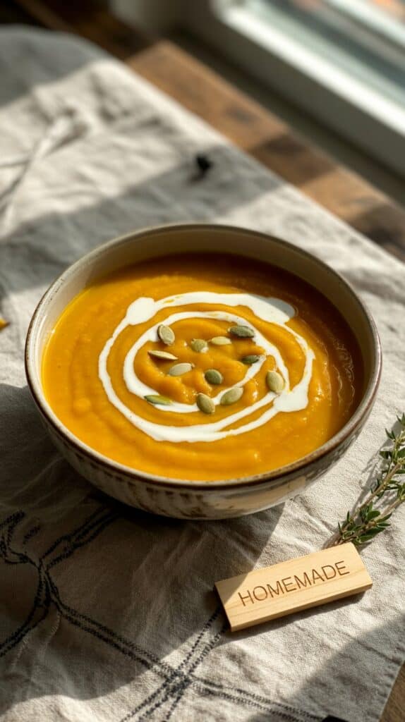 A bowl of velvety orange soup, garnished with a swirl of cream and toasted pumpkin seeds.