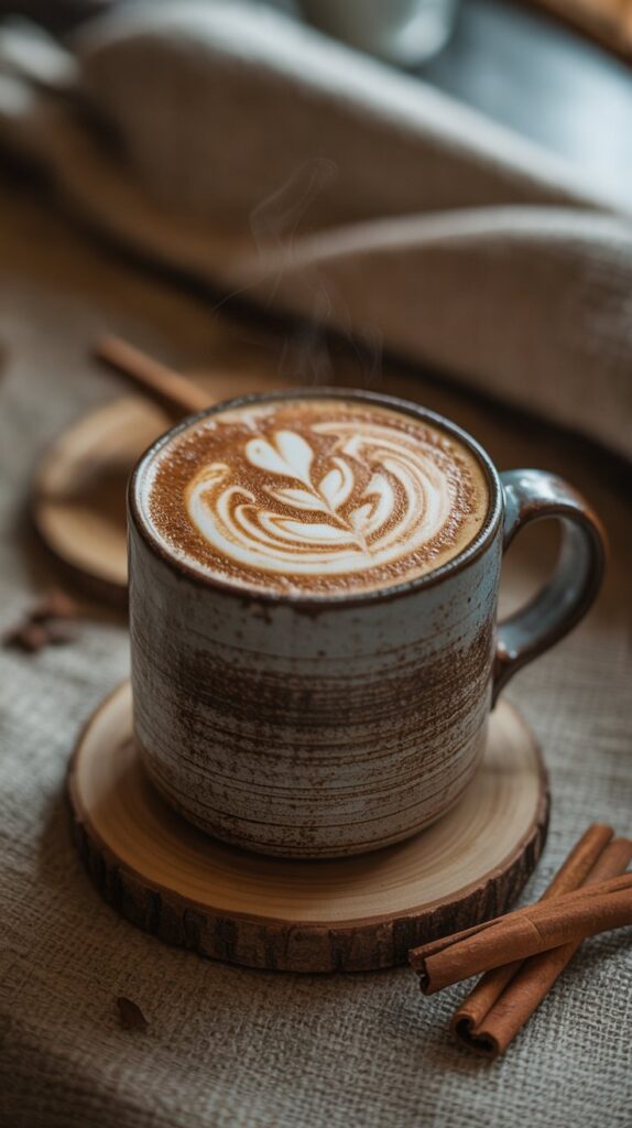 A steaming cup of milky tea with cinnamon sticks resting on the rim, filling the room with cozy aromas.