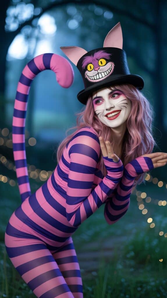 For a mischievous twist, the Cheshire Cat is the ultimate costume. With purple and pink stripes, fluffy ears, and face paint, you can embody the grin that everyone loves.