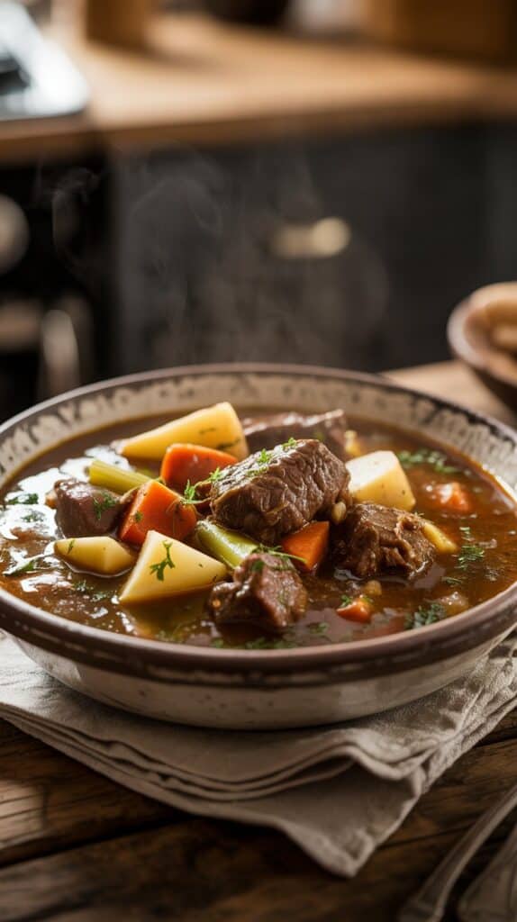Tender beef chunks swimming in a thick, savory broth, with carrots and potatoes soft enough to melt in your mouth.