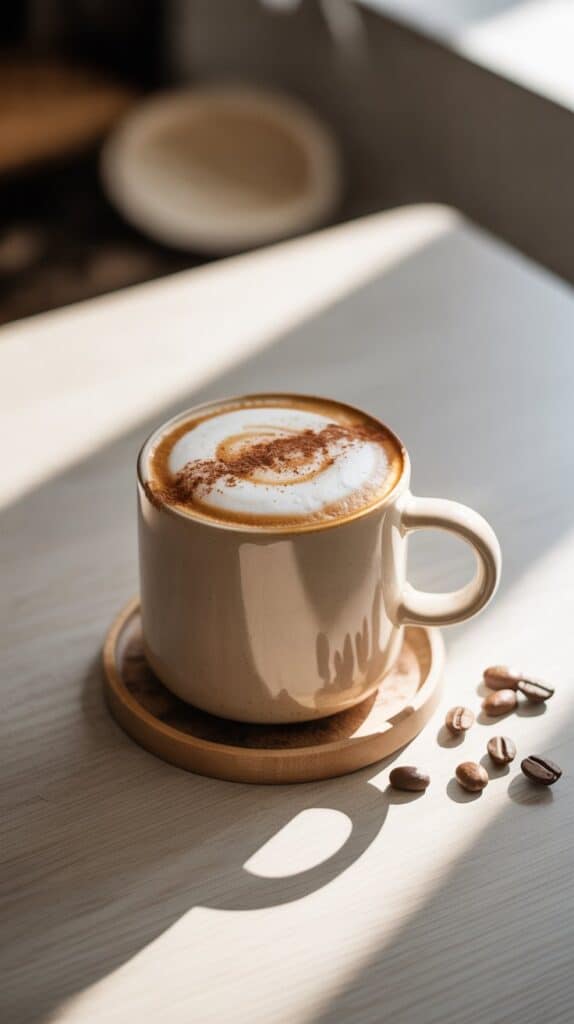 A steaming mug with silky foam, swirled into a heart shape, as golden sunlight hits your kitchen counter.
