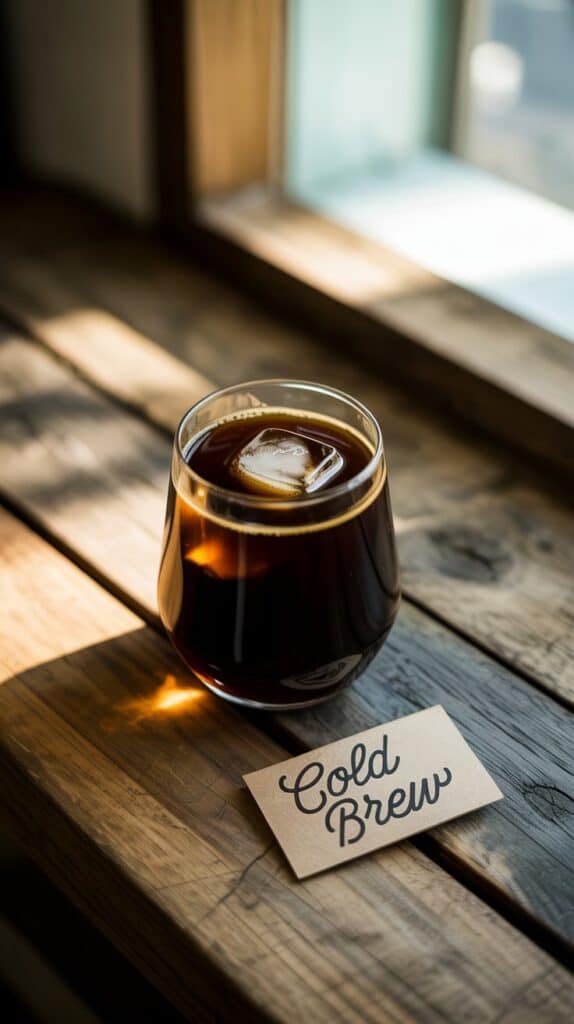 A mason jar filled with bottomless amber cold brew, condensation glistening as ice cubes clink against the sides.