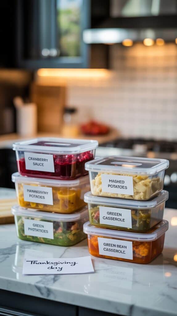 Labeled freezer containers stacked neatly, ready to make Thanksgiving Day easier.