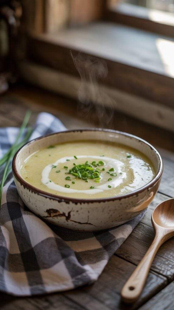 Slow Cooker Recipes: A steaming bowl of creamy white soup, topped with cheddar shreds, bacon bits, and a sprinkle of green onion.