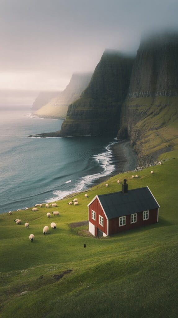 Standing on a cliff edge, watching emerald ribbons of light swirl above dramatic sea stacks.