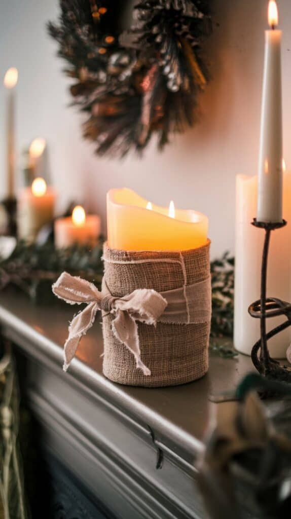 A glowing candle wrapped in rustic fabric with a bow, sitting on the host’s mantle.