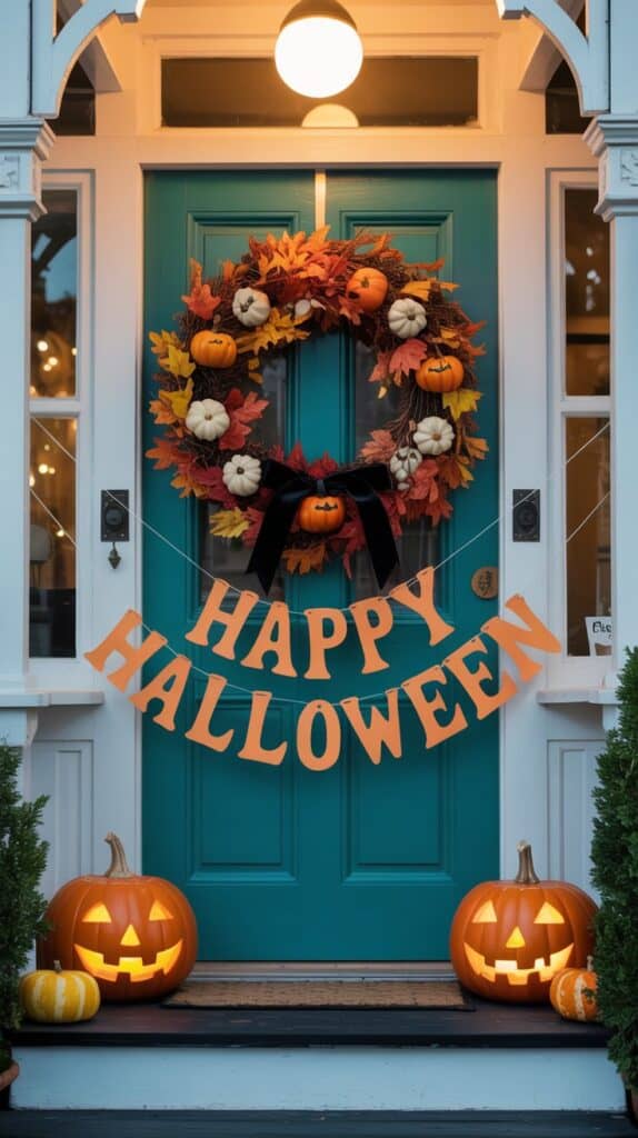 Halloween Entryway: A black-and-orange wreath with tiny skulls greeting every visitor.