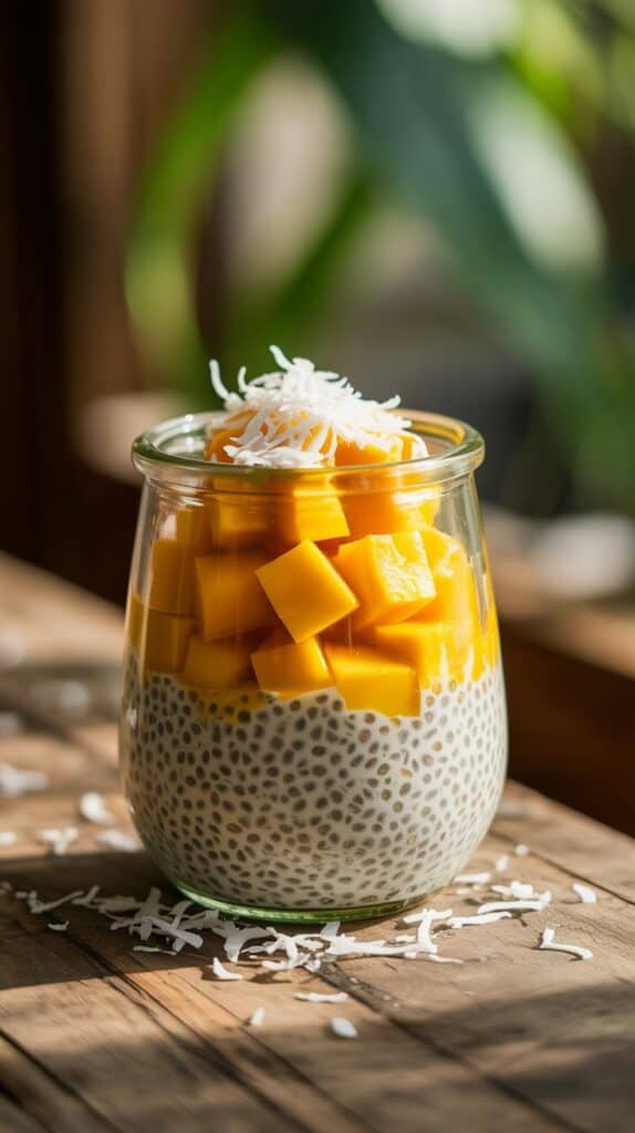 Chia seeds expand in liquid, creating a pudding texture, while protein powder makes it satisfying and energizing.