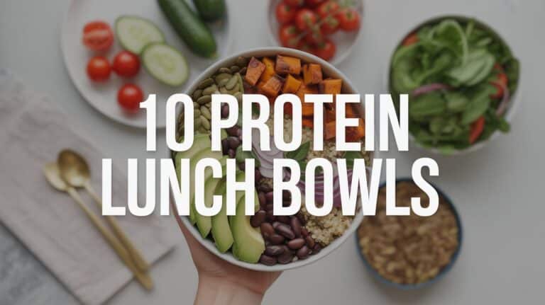 Fresh plant-based protein lunch bowls with colorful vegetables and legumes.