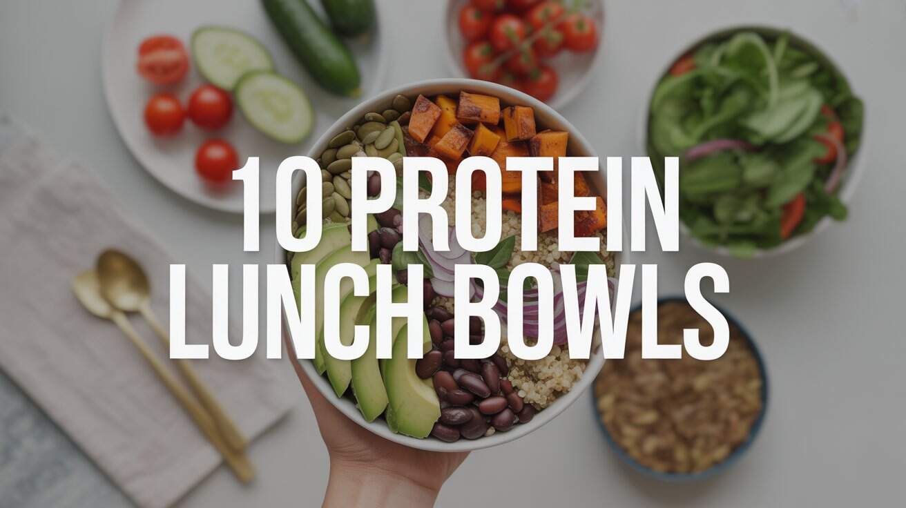 Fresh plant-based protein lunch bowls with colorful vegetables and legumes.