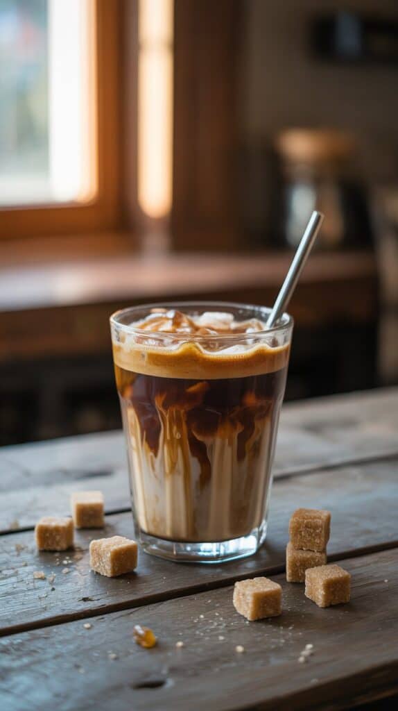 DIY Café Drinks: Espresso swirling dramatically into oat milk, with flecks of cinnamon dancing through the glass.