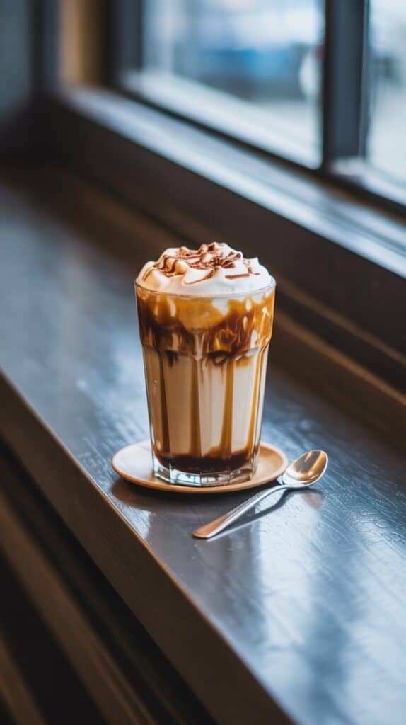 DIY Café Drinks: A tall glass with striking layers—creamy milk at the bottom, bold espresso in the middle, golden caramel dripping like art on top.