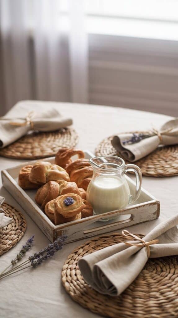 A neutral-toned table with layered textures—linen napkins tied with twine, rattan placemats, and a wooden tray anchoring the centerpiece.
