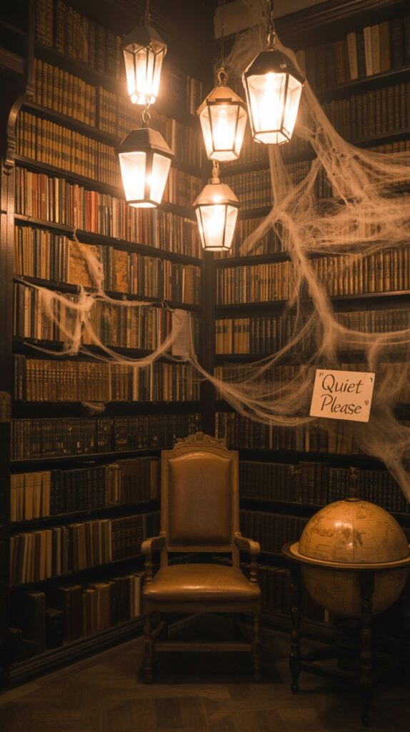 Flickering lanterns casting shadows on cobweb-covered corners.