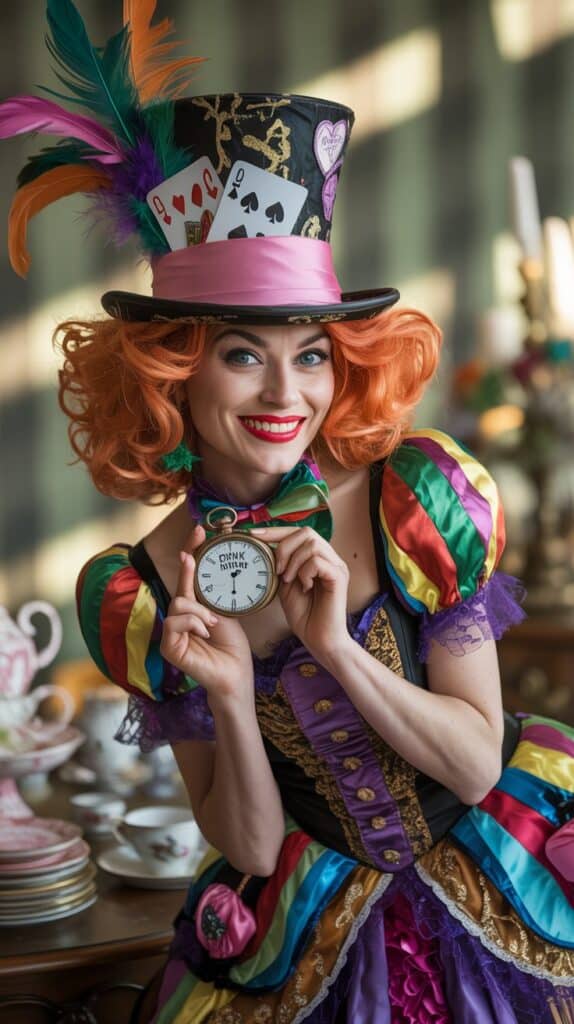 The Mad Hatter costume is colorful, eccentric, and bold. Oversized hats, velvet coats, and rainbow accents capture the whimsical personality of the Hatter.