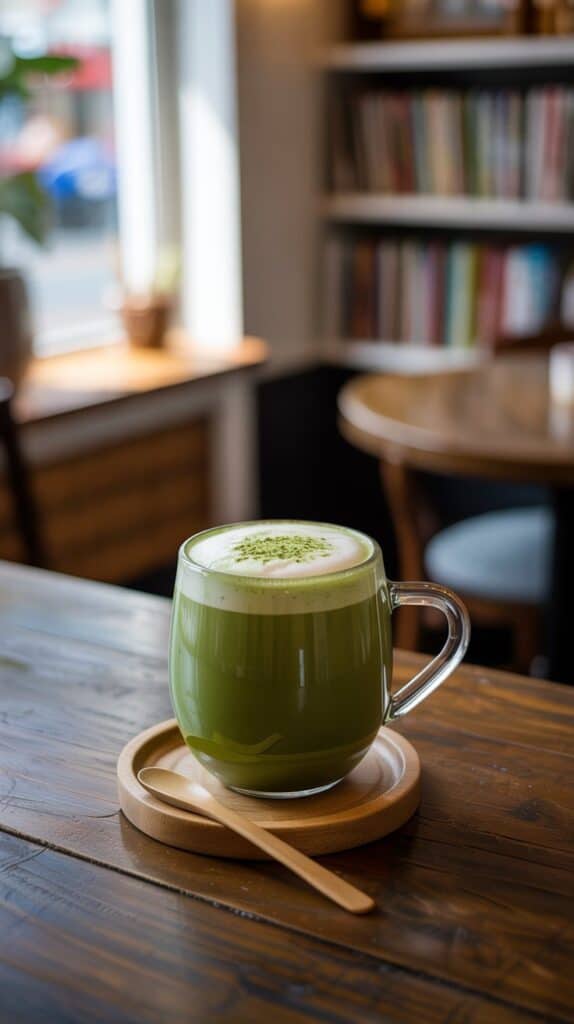 A vivid green drink with a creamy foam top, the color so vibrant it almost glows.