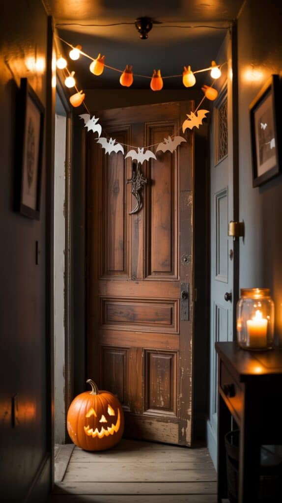A narrow hallway glowing softly with a candle-lit jar, a single pumpkin by the door, and a bat garland taped above the entry.