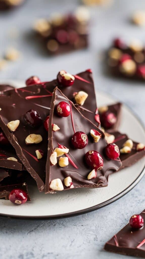 Shards of glossy chocolate speckled with ruby cranberries and crunchy nuts.