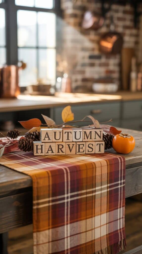 A rustic table draped in warm-toned plaid, with hints of burgundy, mustard, and cream setting the stage for autumnal charm.