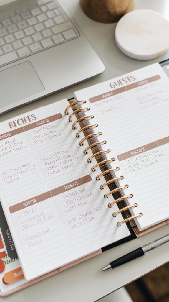 Your planner opens with a list of recipes, guests, and a shopping budget—all neat and ready before the chaos begins.