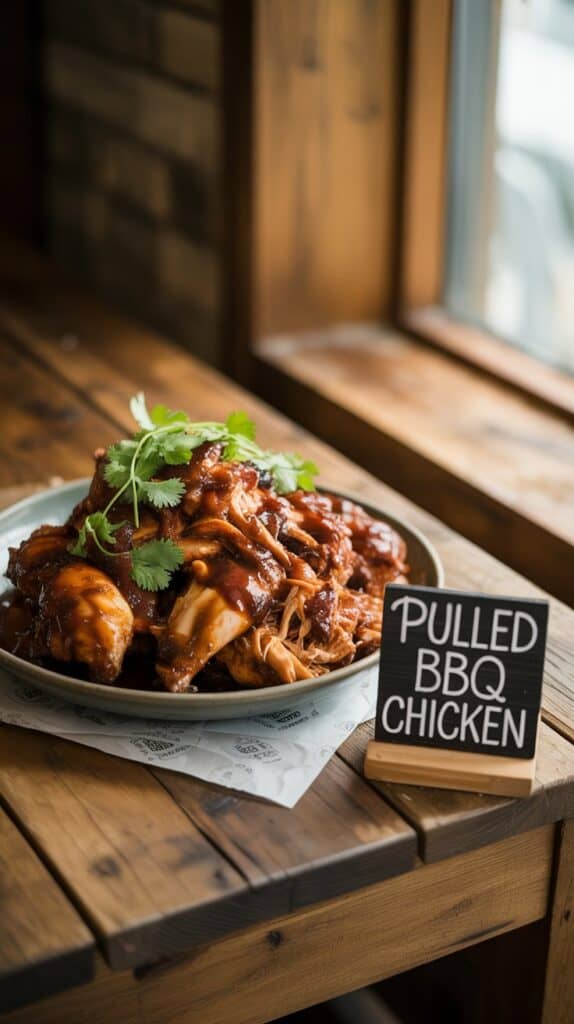 Slow Cooker Recipes: Juicy, shredded chicken piled on a toasted bun, dripping with sticky BBQ sauce and topped with crunchy slaw.
