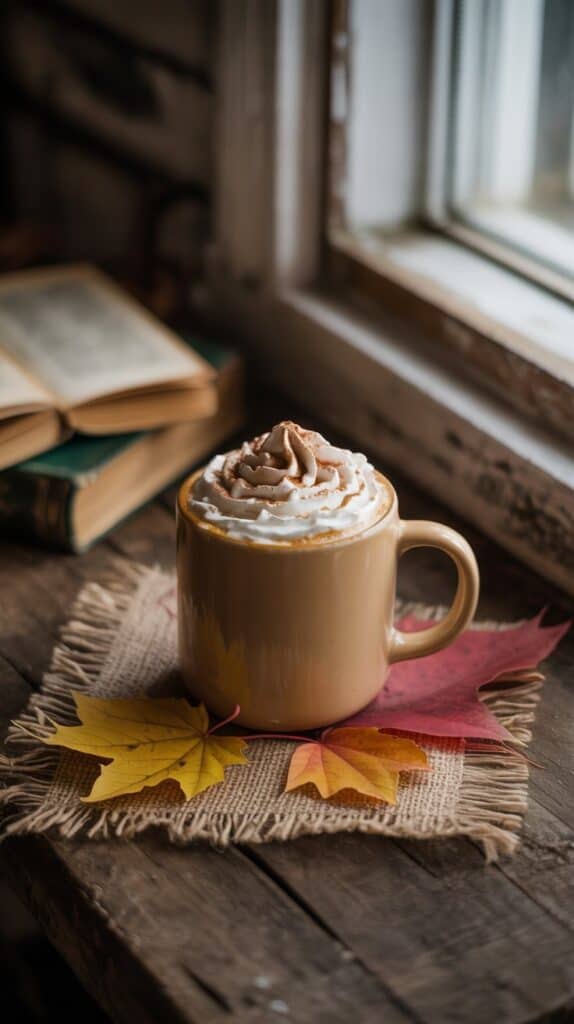 A cozy mug topped with whipped cream, a sprinkle of cinnamon dusting the foam like falling leaves.