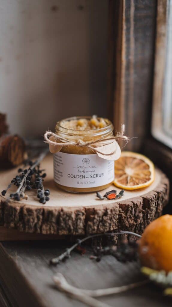 A small jar of golden-brown scrub tied with twine, looking like it came from a boutique.