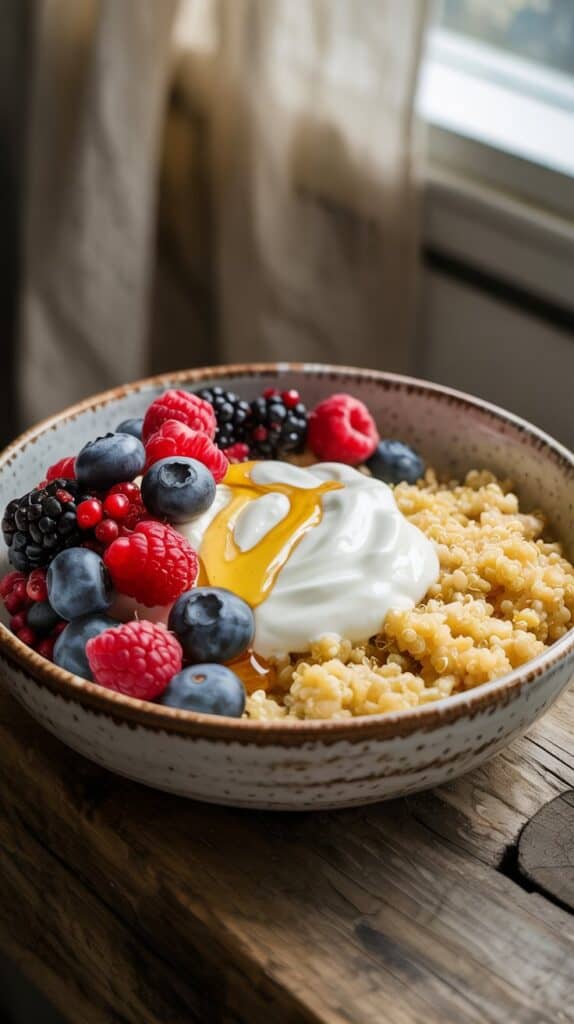 Quinoa Bowl: Think of quinoa as “oatmeal’s high-protein cousin.” It’s nutty, versatile, and works with both sweet and savory toppings.
