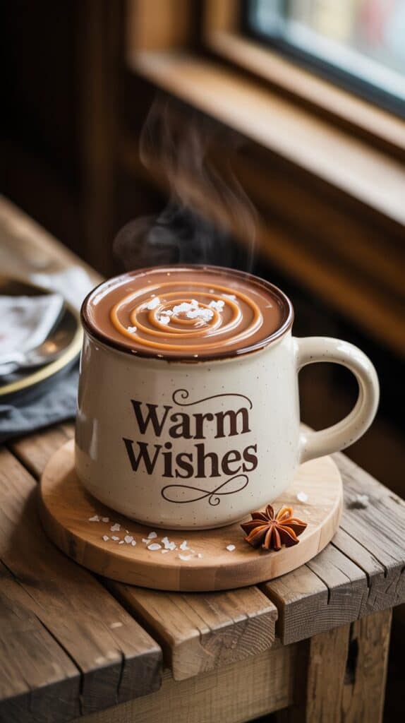 Thick, velvety hot chocolate topped with caramel drizzle and a sparkle of salt crystals that catch the light.