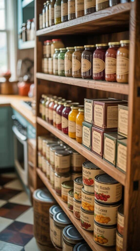 Thanksgiving Prep Checklist: A growing pantry shelf lined with pie fillings, stuffing mix, and neatly stacked canned goods ready to go.