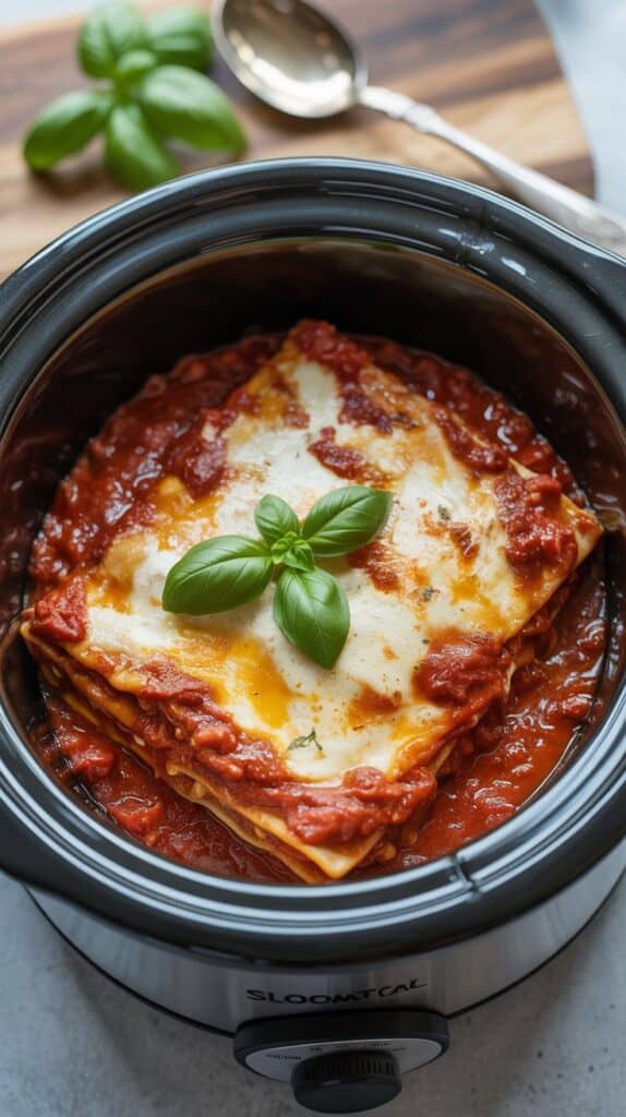 Slow Cooker Recipes: A cheesy, gooey lasagna slice lifting out of the pot, strings of mozzarella stretching dramatically.