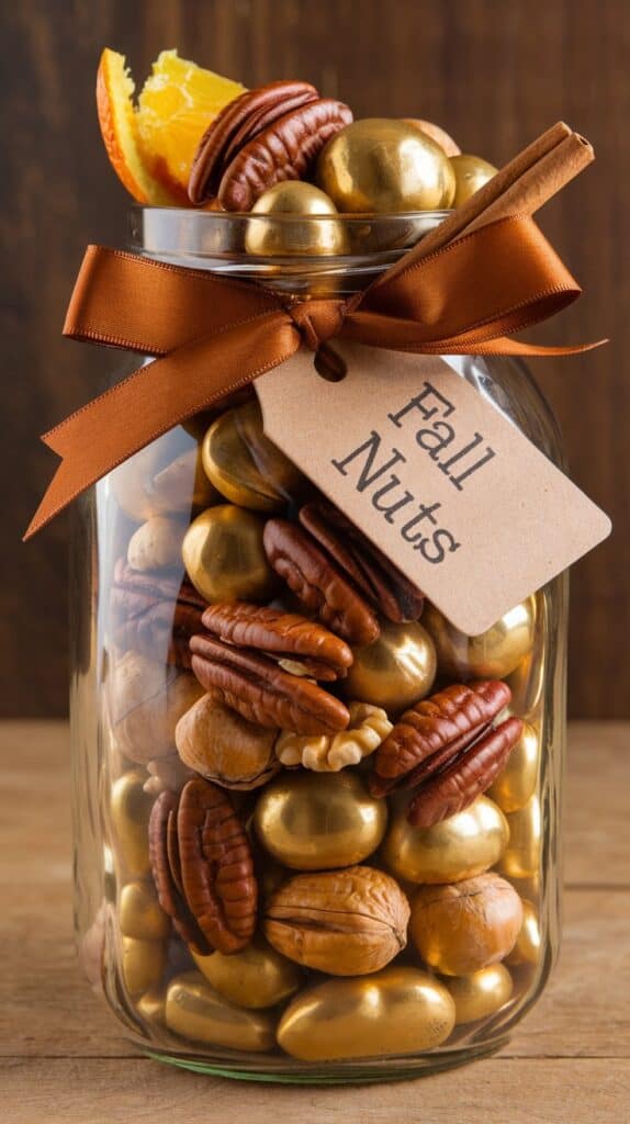 Quick Thanksgiving Hostess Gifts: A ribbon-tied jar filled with golden, glossy nuts that smell like fall.