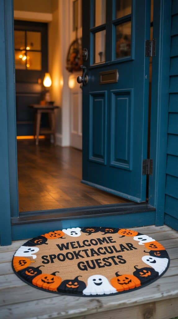 Guests stepping onto a mat that reads “Enter if You Dare,” framed by tiny pumpkins on each side.