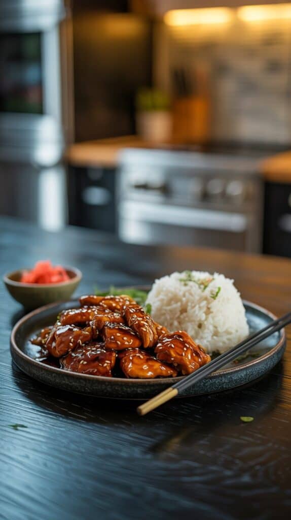 Tender chicken glazed in glossy teriyaki sauce, spooned over fluffy white rice with sesame seeds sprinkled on top.