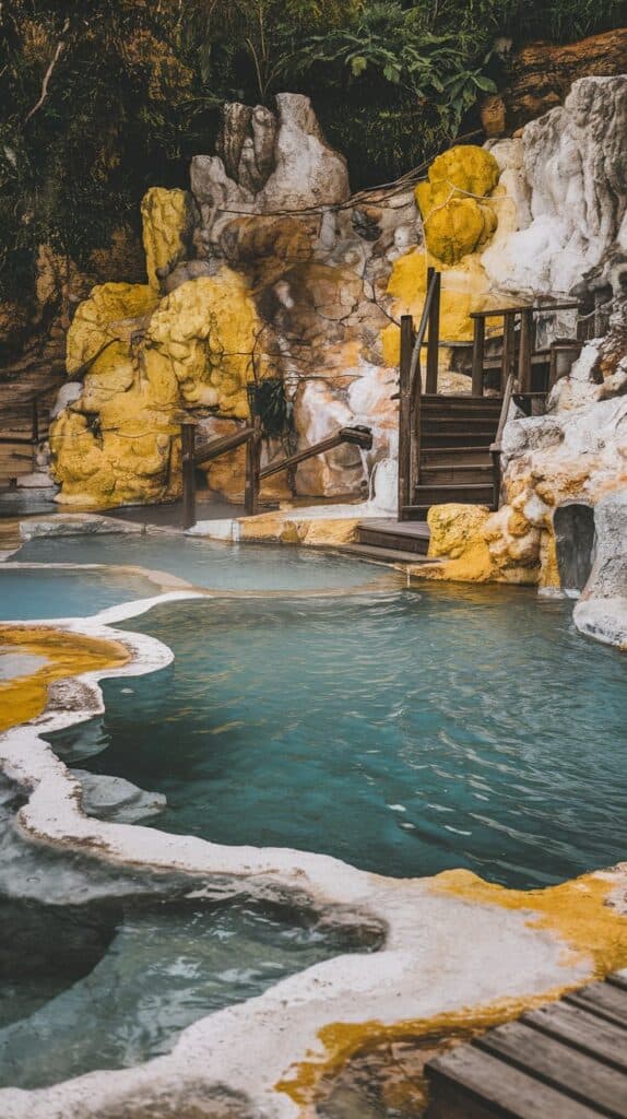 Relaxing in warm pools as desert cliffs rise dramatically around you.