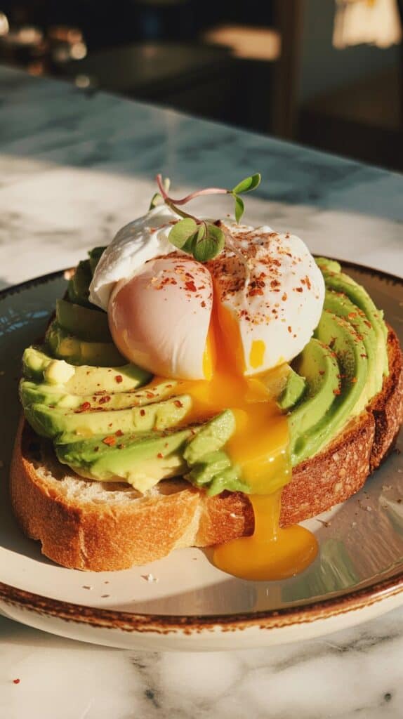 Quick Lunches for Work: Perfectly toasted bread topped with buttery avocado, a runny golden yolk, and a sprinkle of chili, the kind of lunch that feels café-worthy.