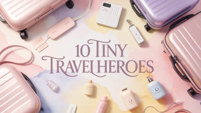 10 Tiny Items. Pastel-colored travel items, including suitcases and toiletries, arranged on a watercolor background. Text in the center reads, "10 Tiny Travel Heroes." Cozy and organized.