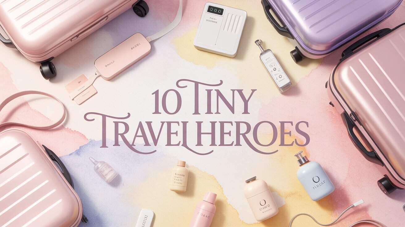 10 Tiny Items. Pastel-colored travel items, including suitcases and toiletries, arranged on a watercolor background. Text in the center reads, "10 Tiny Travel Heroes." Cozy and organized.