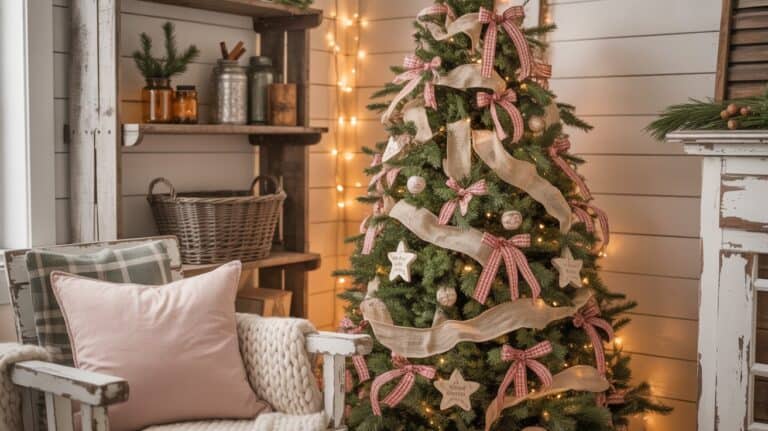 5 Farmhouse Christmas Tree Ideas. Cozy living room with a Christmas tree adorned with pink ribbons and beige garlands. Warm lights glow, set beside a vintage chair with a soft pink pillow.