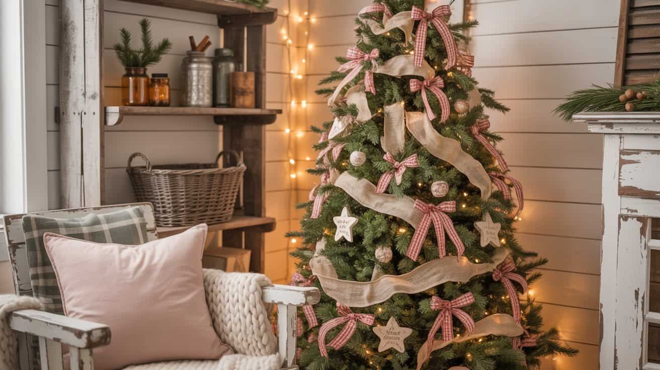5 Farmhouse Christmas Tree Ideas. Cozy living room with a Christmas tree adorned with pink ribbons and beige garlands. Warm lights glow, set beside a vintage chair with a soft pink pillow.