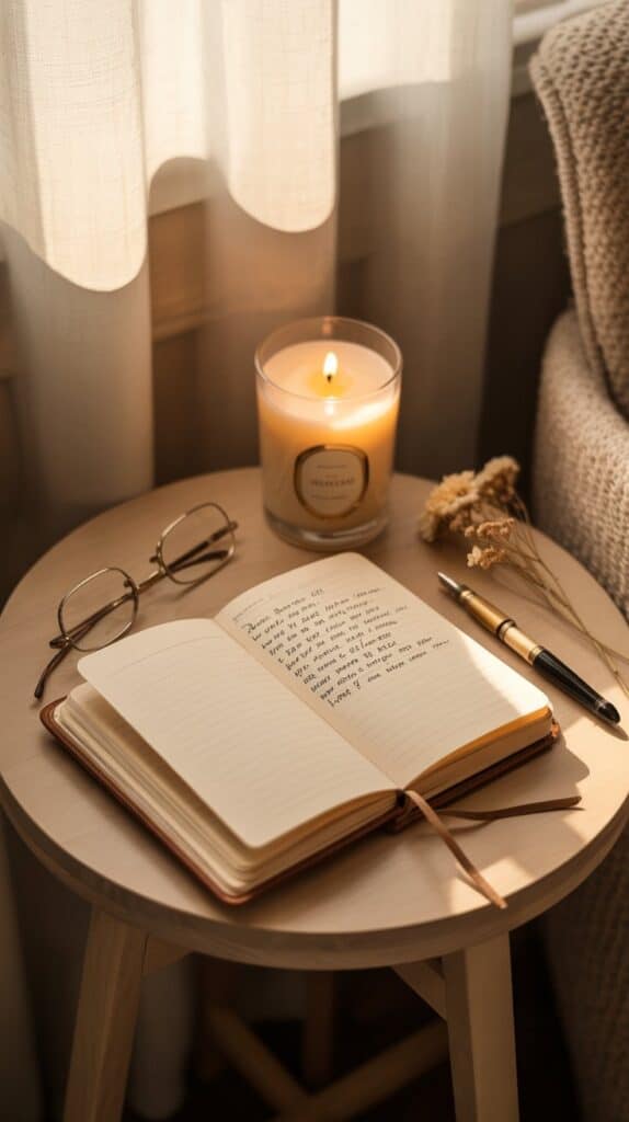 Create a Self-Care Corner: On a small side table, your favorite candle and a journal sit. You light it every evening, open your notebook, and write a single reflection from your day. It becomes your gentle daily ritual.
