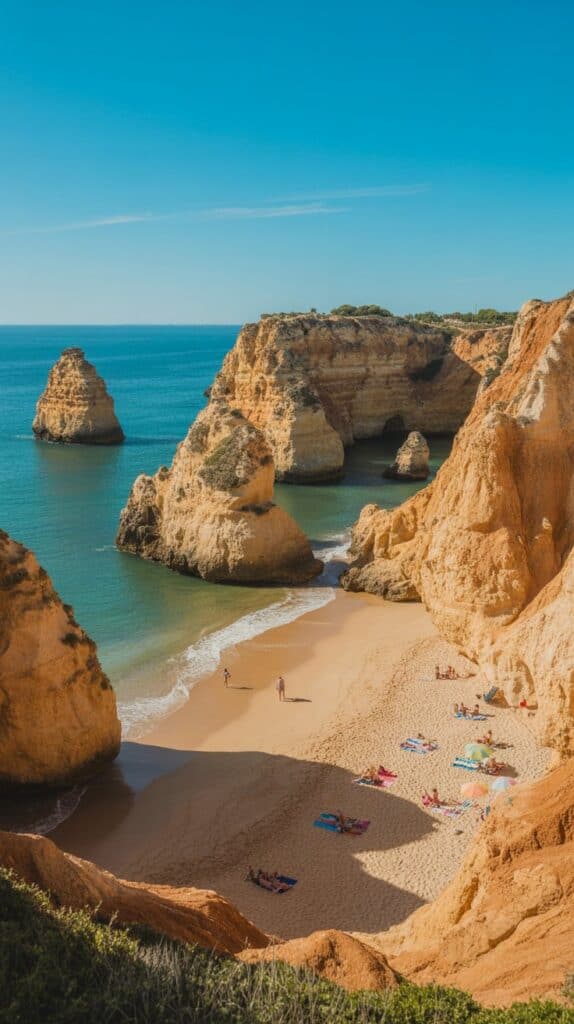 Oceanfront Yoga Retreats: Sunny beach with golden cliffs and turquoise sea. People relax on colorful towels, enjoying the serene atmosphere. Clear blue sky overhead.