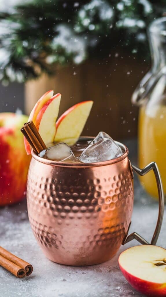 Festive Mocktails: Frosty copper mugs, steam rising off apple slices, cinnamon sticks jutting out like festive straws.