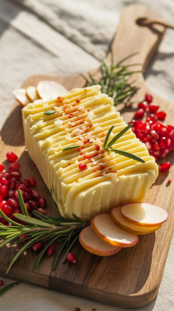 A golden swirl of butter flecked with salt and herbs, ready for warm bread slices to scoop and savor.