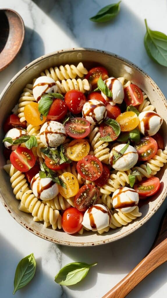 Juicy tomatoes, creamy mozzarella, and basil leaves glistening in olive oil, effortless, colorful, and refreshing.