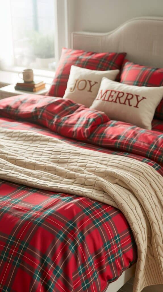  Red plaid sheets, a creamy cable-knit blanket, and fluffy “Joy” and “Merry” pillows that look like they came straight from a Christmas cabin.